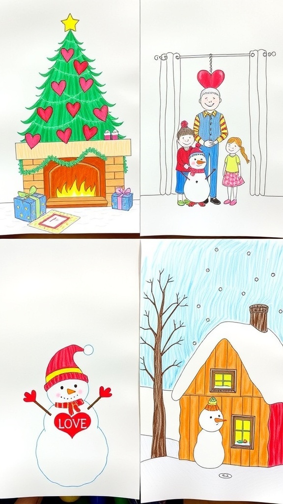 A collage of Christmas drawings including a heart-decorated tree, family scene, puppy in a Santa hat, snowman with a love sign, and a cozy cabin.